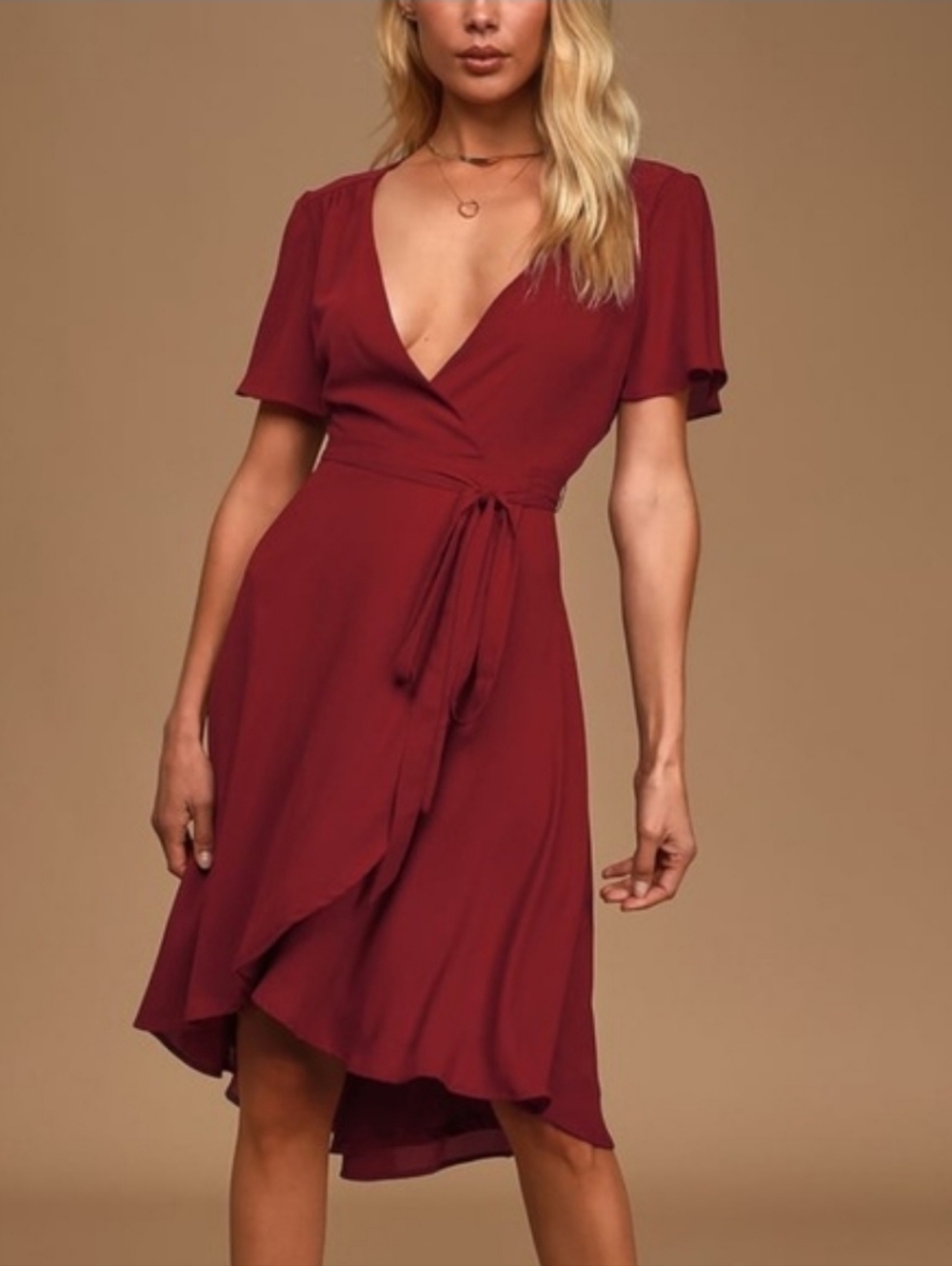 Lulu's Burgundy Wrap High-Low Dress, XS